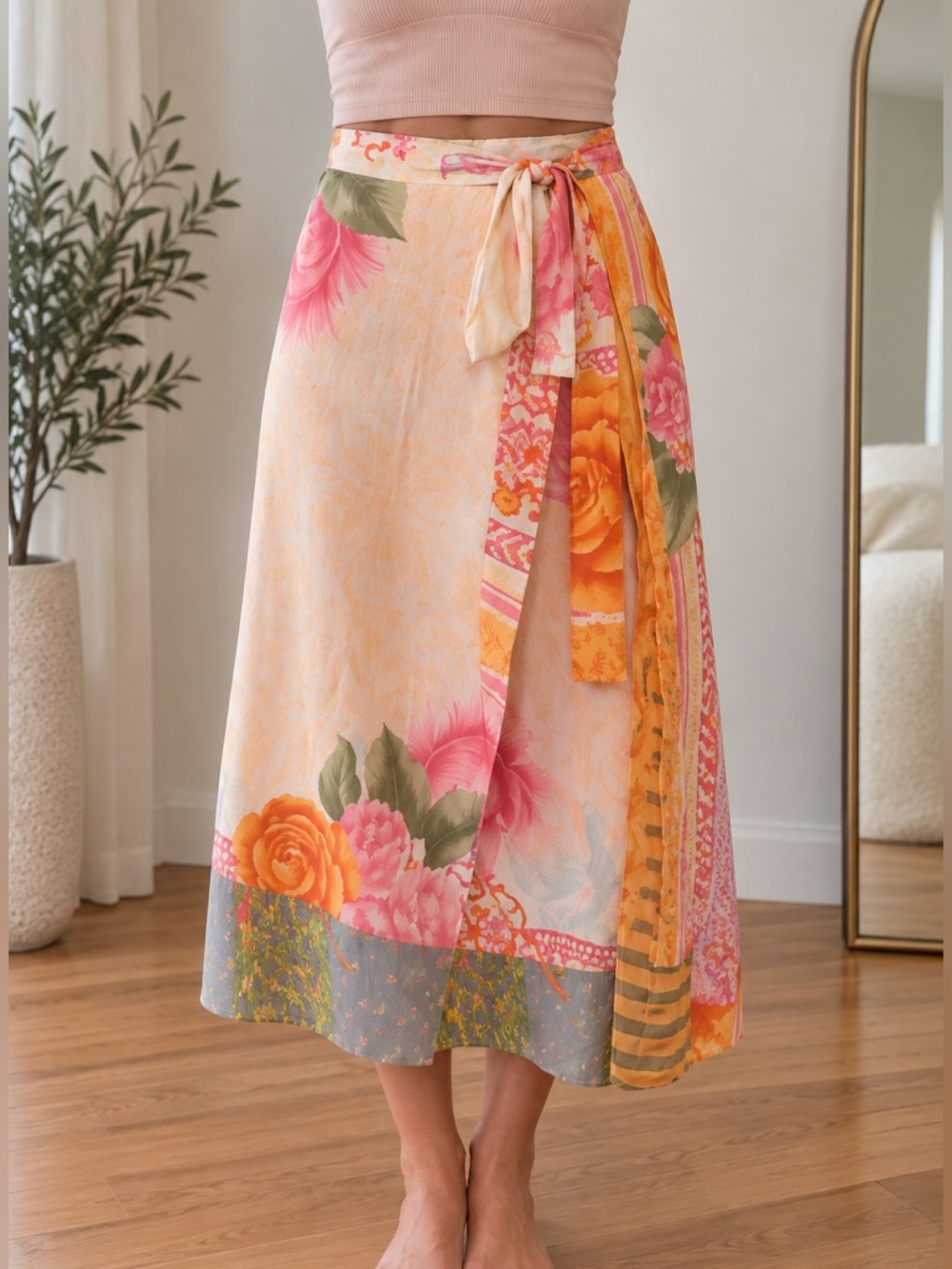 Earthbound One of a Kind ReversibleBoho Floral Wrap Midi Skirt in Peach & Orange